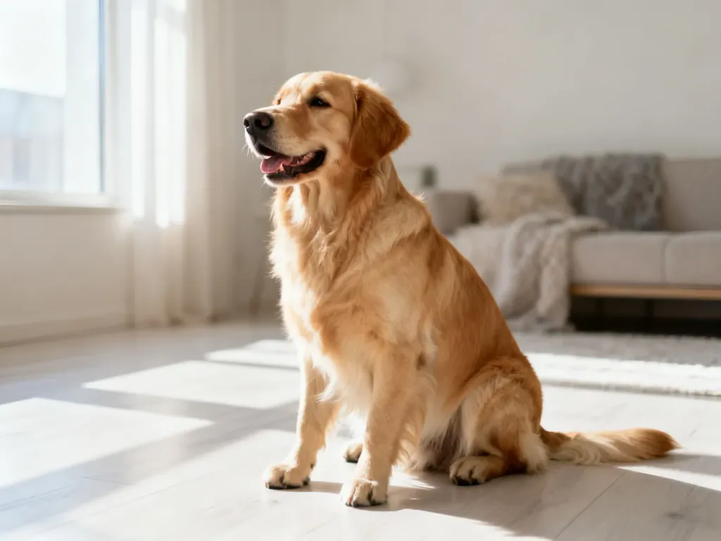 Szczęśliwy golden retriever siedzący spokojnie na drewnianej podłodze w słonecznym salonie.