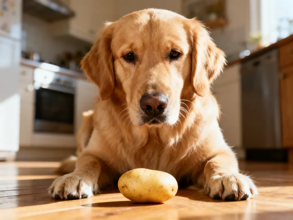 Złoty retriever siedzący na drewnianej podłodze obok surowego ziemniaka w przytulnej kuchni.