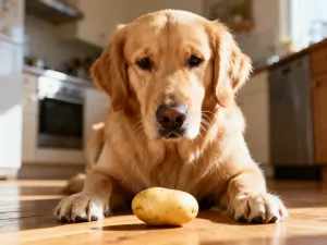 Szczęśliwy golden retriever siedzący obok talerza ze świeżymi kawałkami arbuza w słonecznej kuchni.
