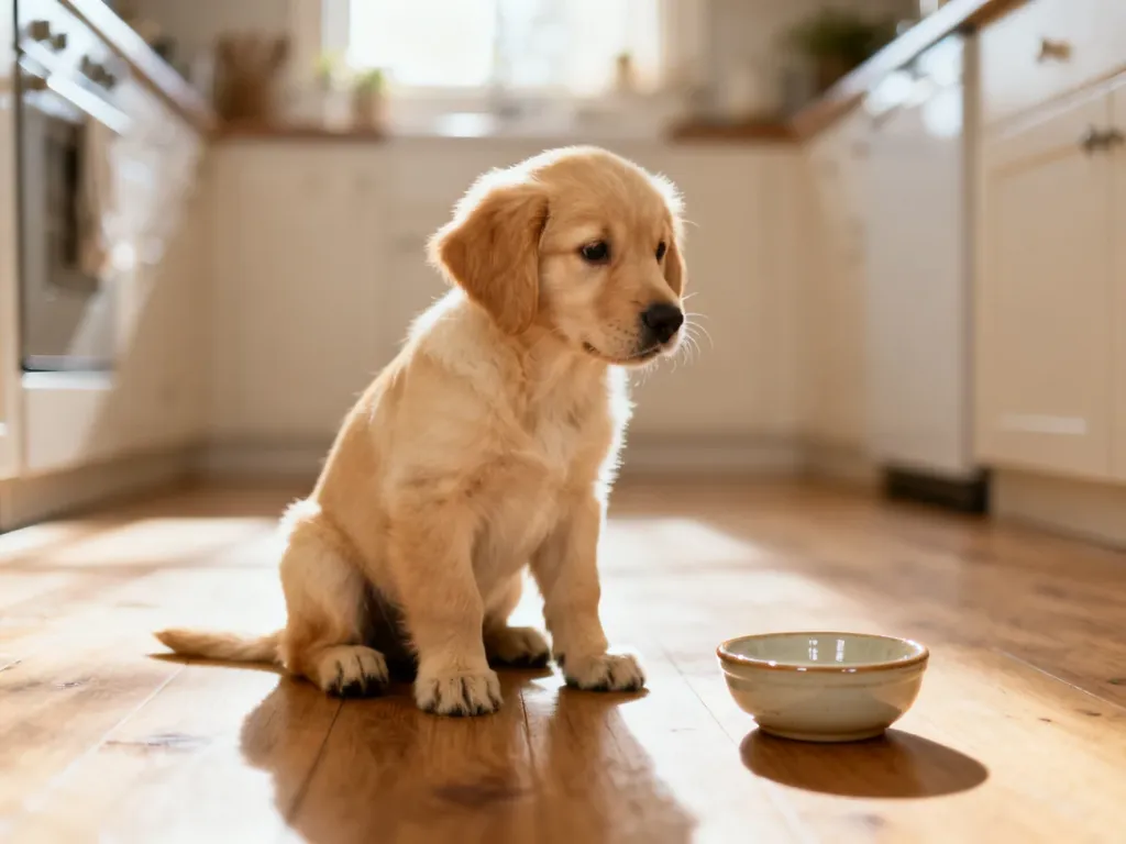 Szczeniak golden retrievera siedzący na kuchennej podłodze i wpatrujący się w miseczkę z płynem.