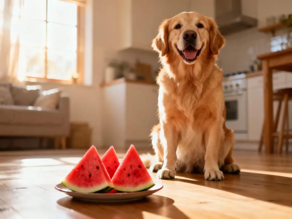 Szczęśliwy golden retriever siedzący obok talerza ze świeżymi kawałkami arbuza w słonecznej kuchni.