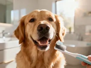 Szczęśliwy golden retriever siedzący obok talerza ze świeżymi kawałkami arbuza w słonecznej kuchni.