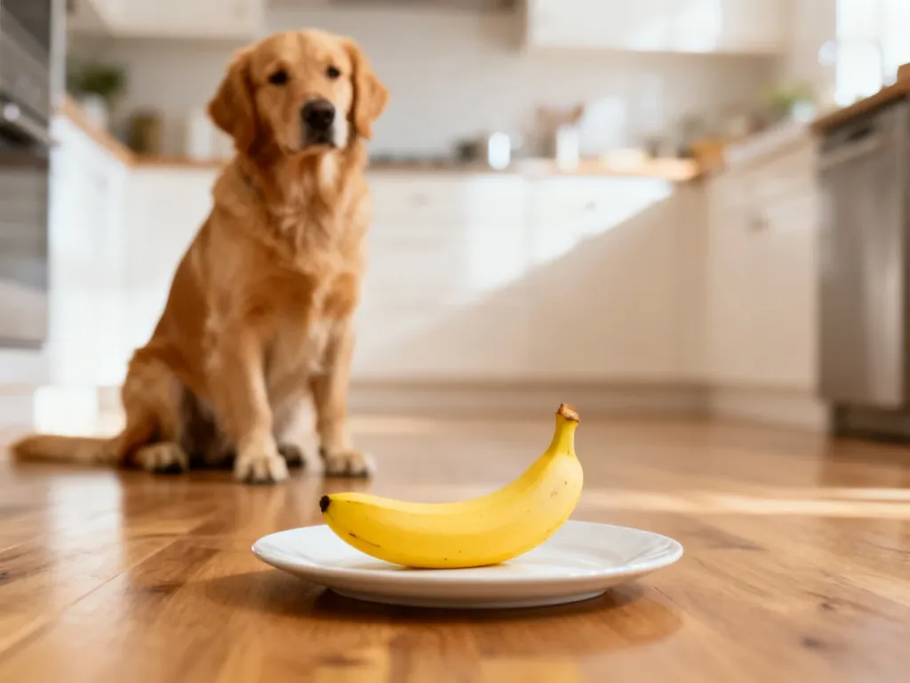 Złoty retriever siedzi na podłodze obok talerza z obranym bananem w jasnej kuchni.
