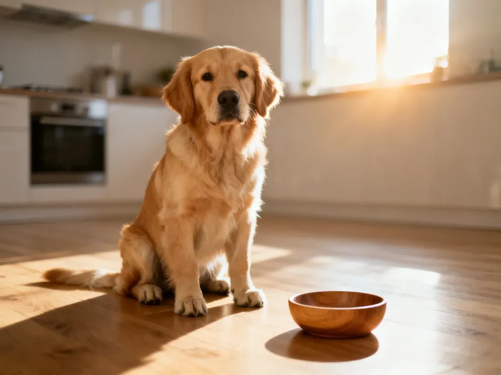 Golden retriever siedzący na podłodze obok pustej miski w słonecznej kuchni.