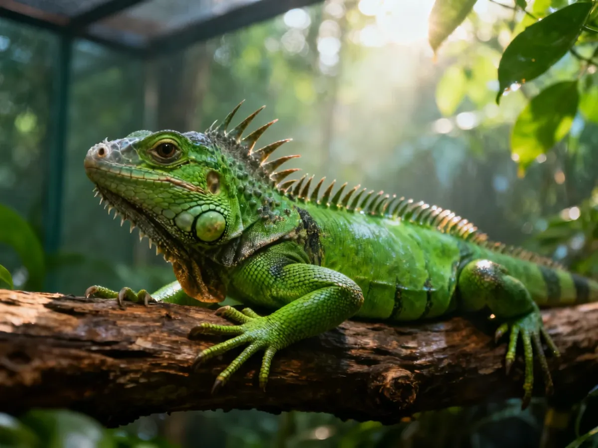 Jaskrawozielona agama błotna odpoczywająca na gałęzi w terrarium, ukazująca detale łusek i grzebień na grzbiecie.