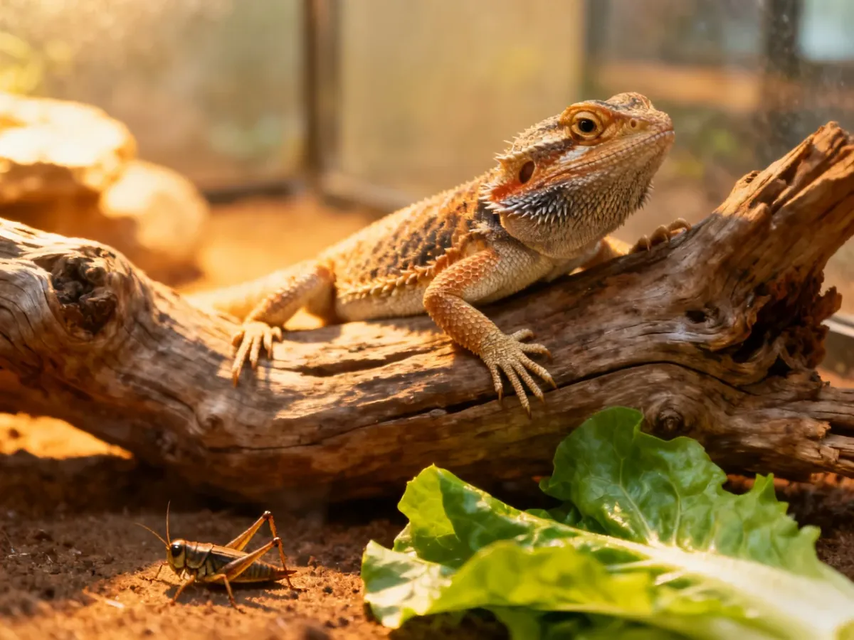 Agama karłowata odpoczywająca na drewnie obok świeżych warzyw i świerszcza, stanowiących jej naturalny pokarm.