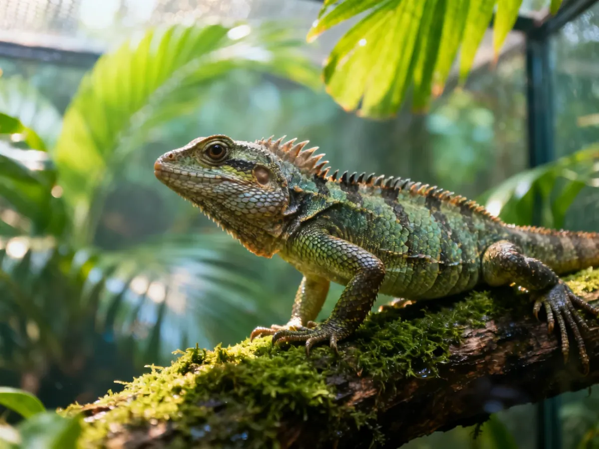 Agama błotna odpoczywająca na mszystej gałęzi w terrarium, ukazująca szczegółową fakturę skóry i naturalne ubarwienie.