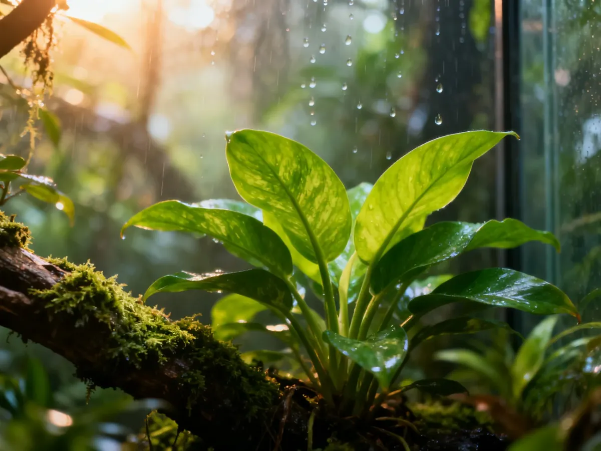 Bujne wnętrze terrarium z tropikalnymi roślinami i mchem, tworzące naturalne środowisko dla agamy błotnej.