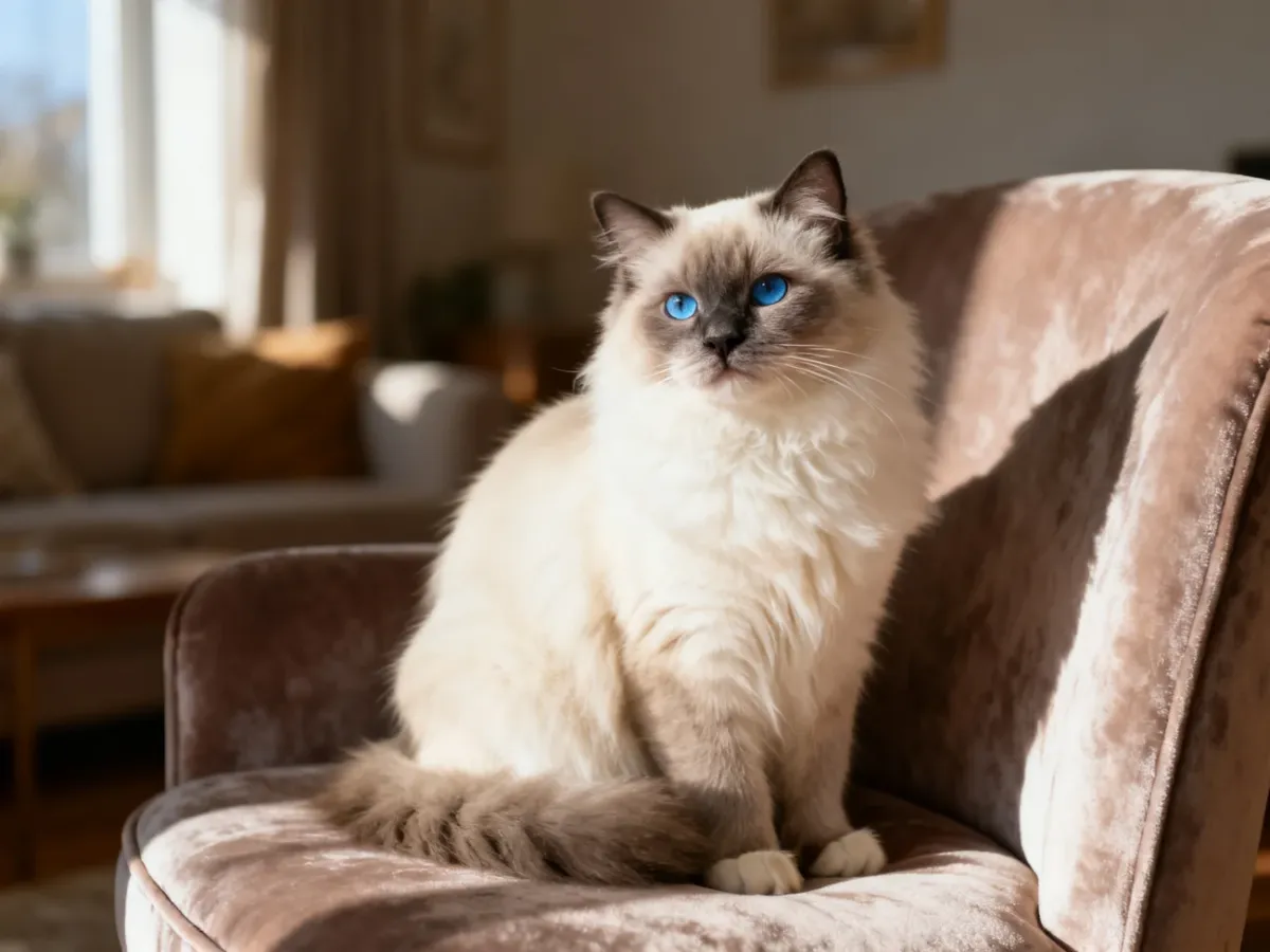 Puszysty kot rasy ragdoll z niebieskimi oczami siedzący na aksamitnym fotelu w przytulnym salonie.