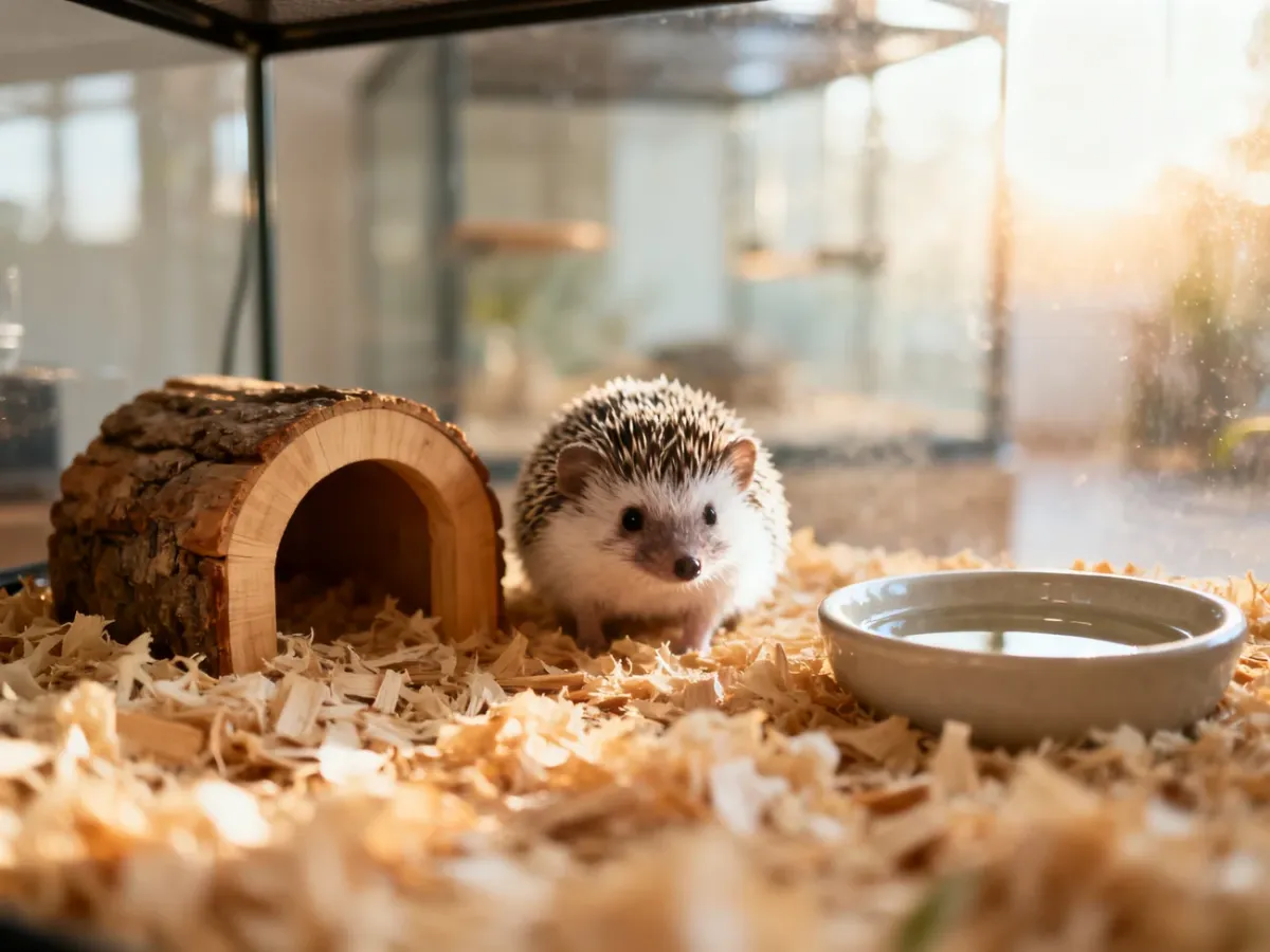 Przytulne terrarium dla jeża pigmejskiego z drewnianą kryjówką, ściółką i miseczką na wodę w ciepłym świetle.